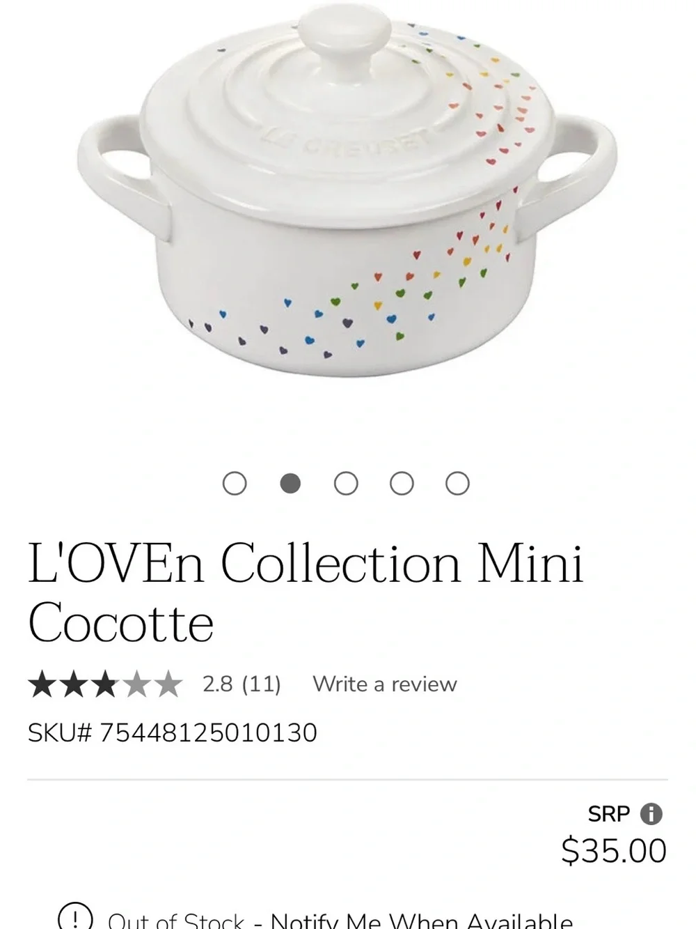 Le Creuset White Mini Cocotte with Multicolor Heart Pattern